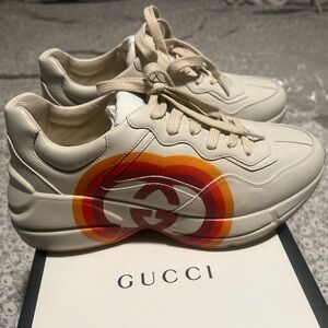 Gucci Rhyton 'Logo Print' Cream Leather Sneakers with Red-Orange-Yellow Logo